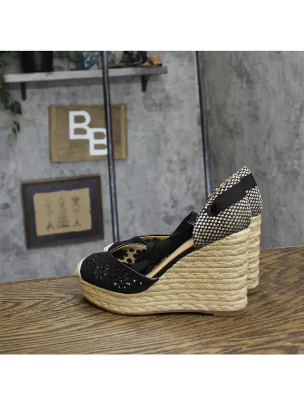 On 34th Melindaa Platform Espadrille Pump Wedge Ankle Wrap Sandals Black 6M - Image 2