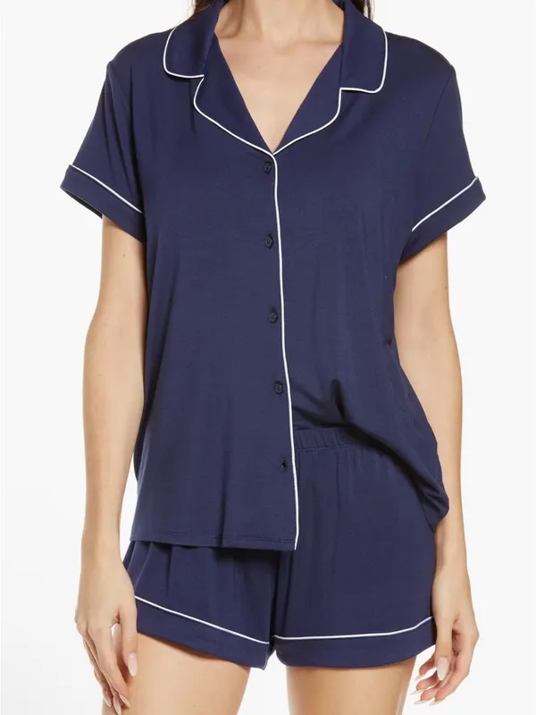 Nordstrom Navy Short Sleeve Pajama Top with White Piping - Image 5