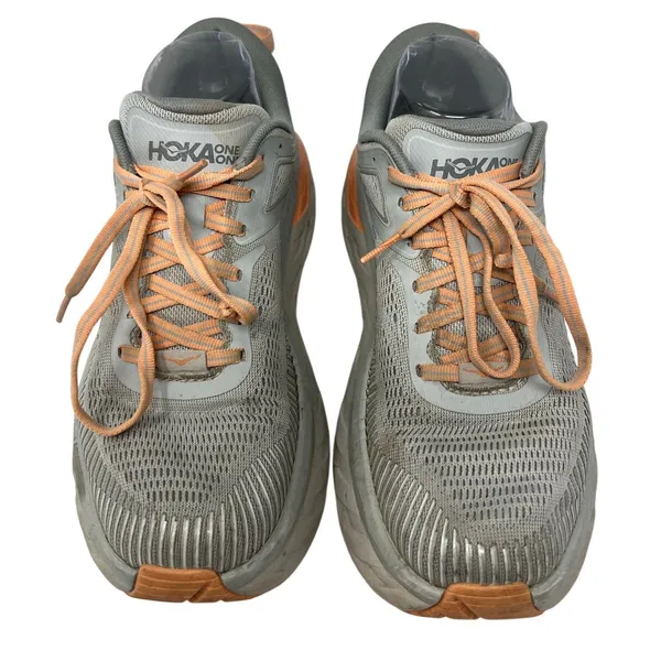 Women’s Hoka One One Bondi 7 Sneakers in Pink and Gray Colorway 8 - Image 2
