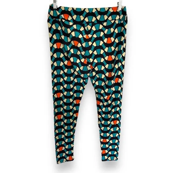 LuLaRoe Womens Leggings Sz TC Snakey Waves Teal Cream Orange Stained Glass‎ - Image 3