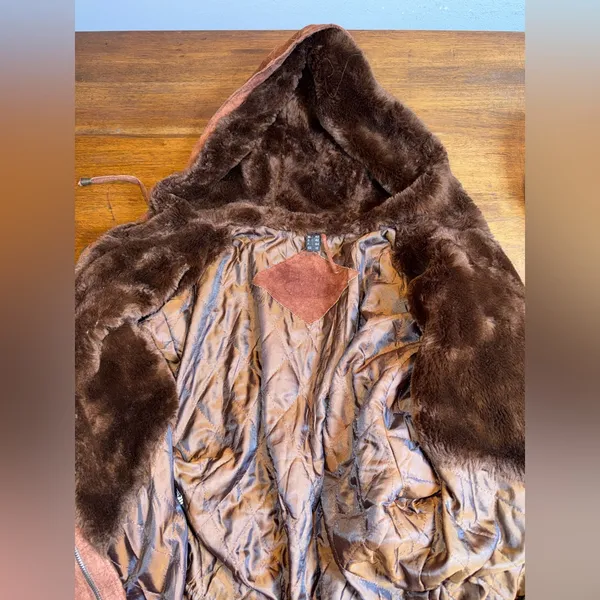 VTG The Legend Of Real Leather Suede‎ Faux Fur Lined Hooded Jacket Parka - Image 3