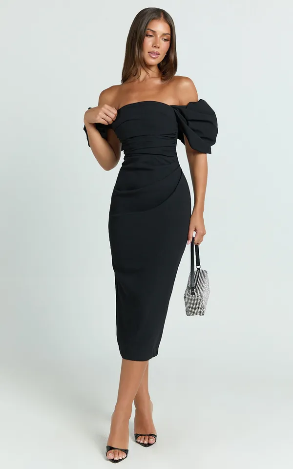 New Showpo Lohan Midi Dress Off Shoulder Puff Sleeve Size 10 MSRP $129 - Image 2