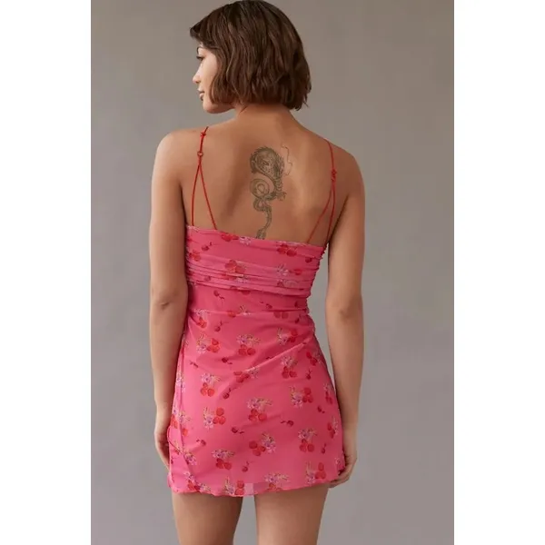 NEW Urban Outfitters Pink Cherry Mesh Summer Bright Side Lace-up Mini Dress M - Image 2