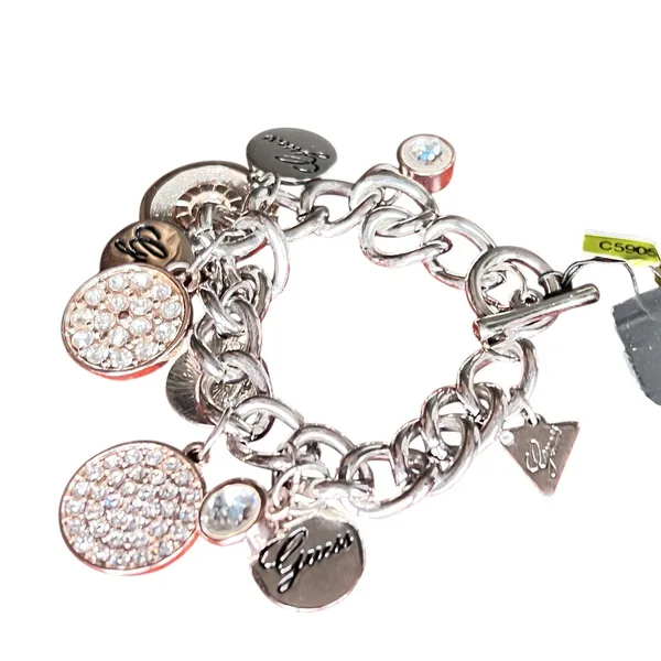 Guess Y2K Charm Link Bracelet Silver Rose Gold Crystal Logo Dangle Modern Glam‎ - Image 6