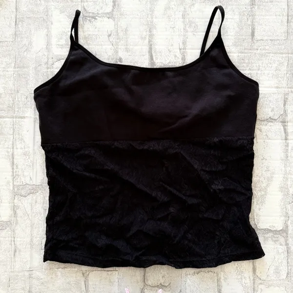 VTG Y2K Derek Heart Black Lace Crop Tank Top Built In Bra Goth Romantic Sz L - Image 2