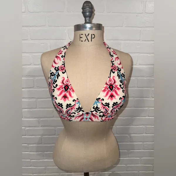 Kate Spade Swim Ikat Pattern Pink and Black Halter Bikini Top - Image 2