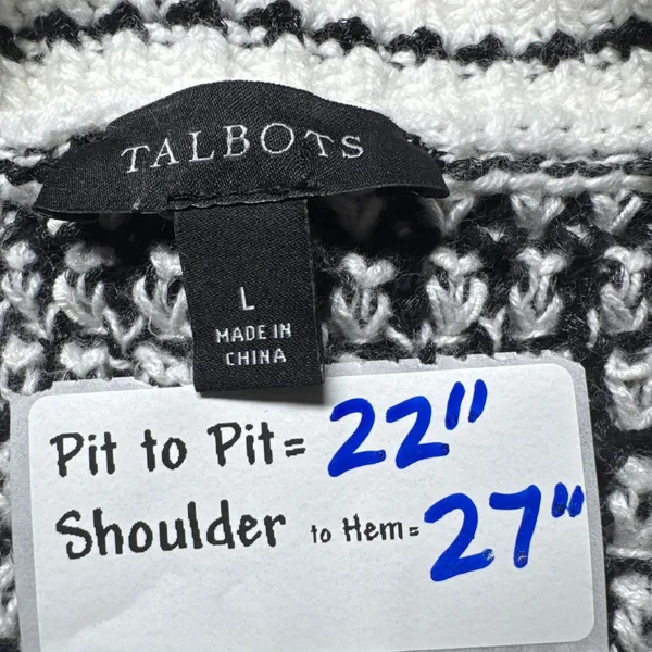 Talbots Black White Striped Knit Open Front Fringe Cardigan‎ Sweater Women's L - Image 3