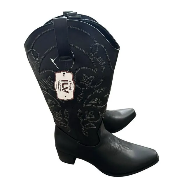 IUV Women’s Size 10 Black Leather Cowboy Cowgirl Boots Embroidered Pointy Toe - Image 5