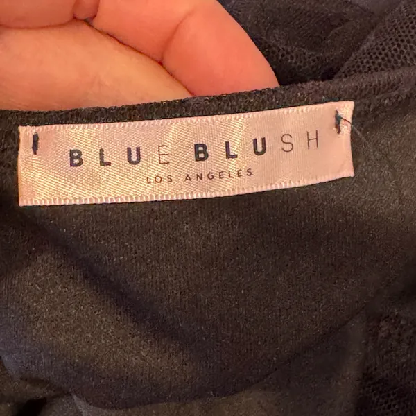 Blue Blush Black Mesh Top Crop Ruched Semi Sheer Polka Dots L - Image 4