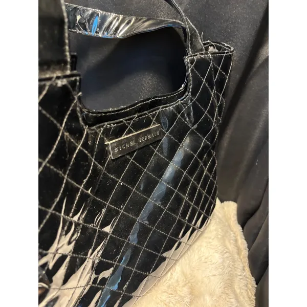 Michel Germain Black Patent Quilted Tote Bag Silver Logo Plaque Magnetic Snap - Image 12