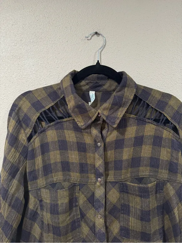 Free People Lace Up Plaid Button Up Shirt - Image 3