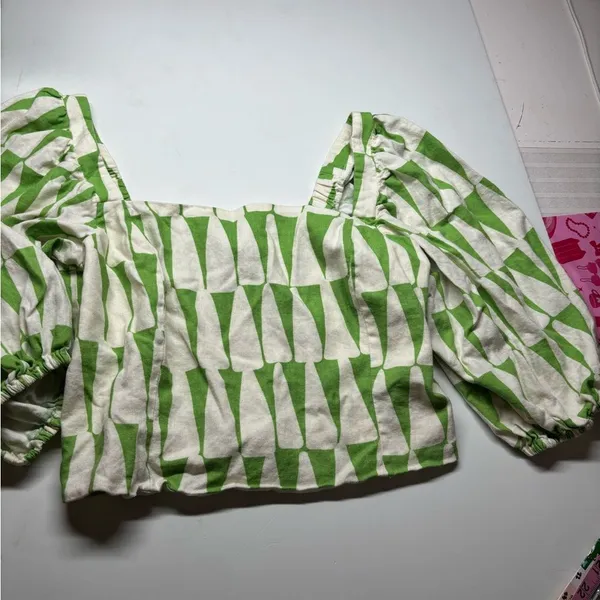 Anthropologie Maison d’Amé Paris Green White Geometric Puff Sleeve Crop Top L - Image 6
