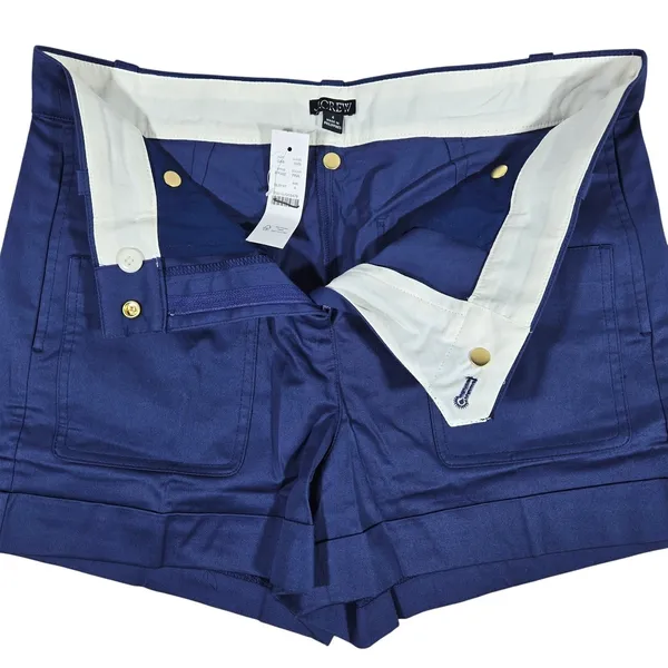 J Crew High Rise Cuffed Shorts Navy Blue Cotton Blend Size 4 Gold Button‎ Detail - Image 4