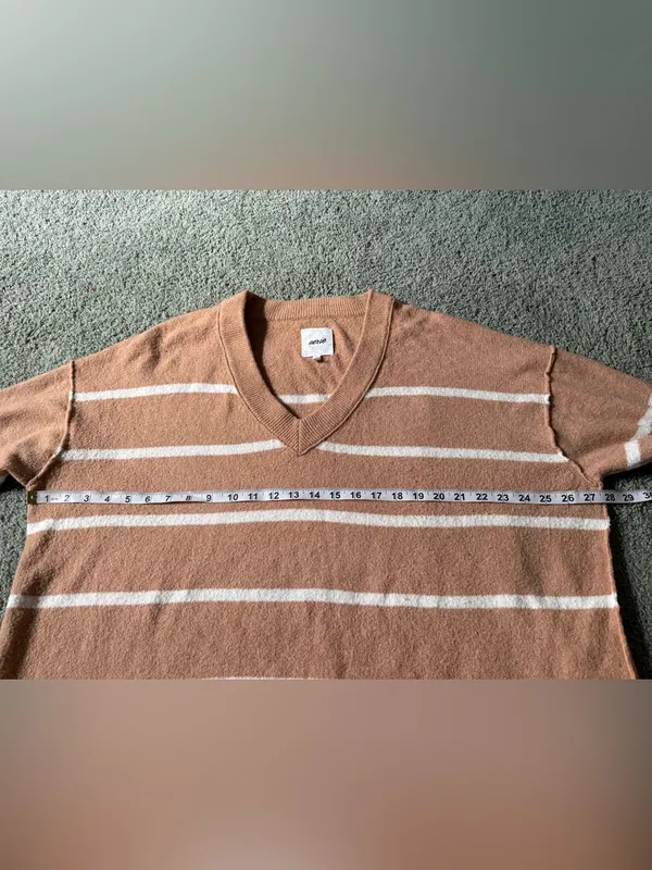 Aerie Women Tan Striped Oversized V-Neck Sweater Size L Cozy Slouchy Knit Soft - Image 4