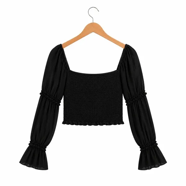 NWT Parisian Dark Romantic Ruched Button Crop Top Black Goth Bell Sleeve Size 10 - Image 4