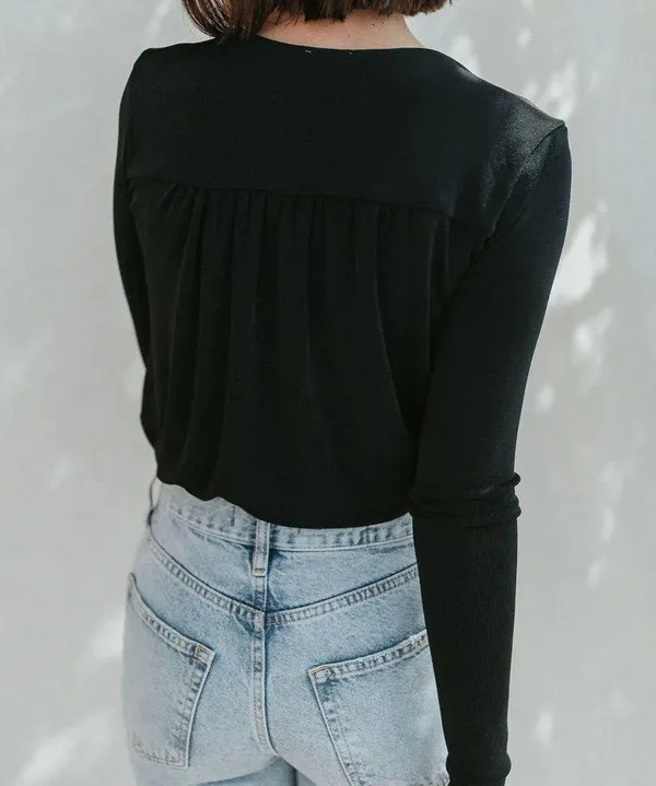 Free People Black Plunging V Neck Faux Wrap Long Sleeve Turnt Bodysuit NEW - Image 3