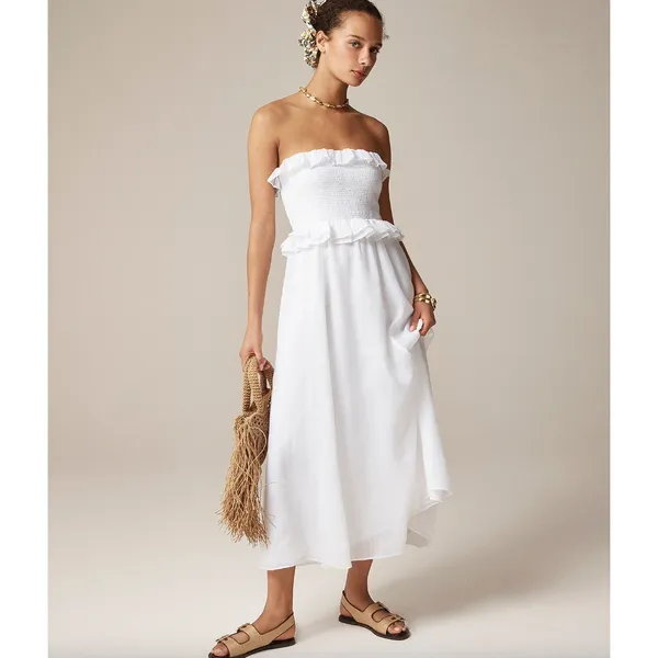 NEW J.Crew Ravenna Dress Ramie Ruffle Lightweight Smocked Midi White Small - Image 2