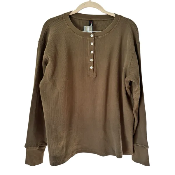 NWOT American Giant Olive Green Waffle Knit Henley Long Sleeve Shirt Womens MED - Image 2
