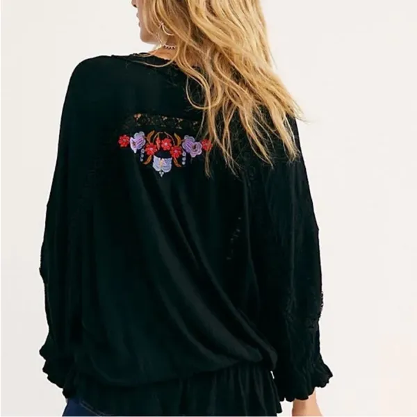 Free People Serafina Black Embroidered Lace Crochet Boho Festival Blouse Top M - Image 8