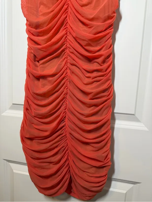 Lovers + Friends Ruched Sleeveless Midi Dress in Coral Red - Image 4