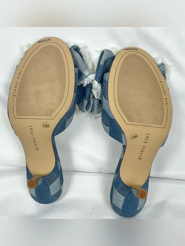 Gianni Bini Wendell Sandals Patchwork Denim Bow Gingham Mule Heels Blue Sz 7.5 - Image 7