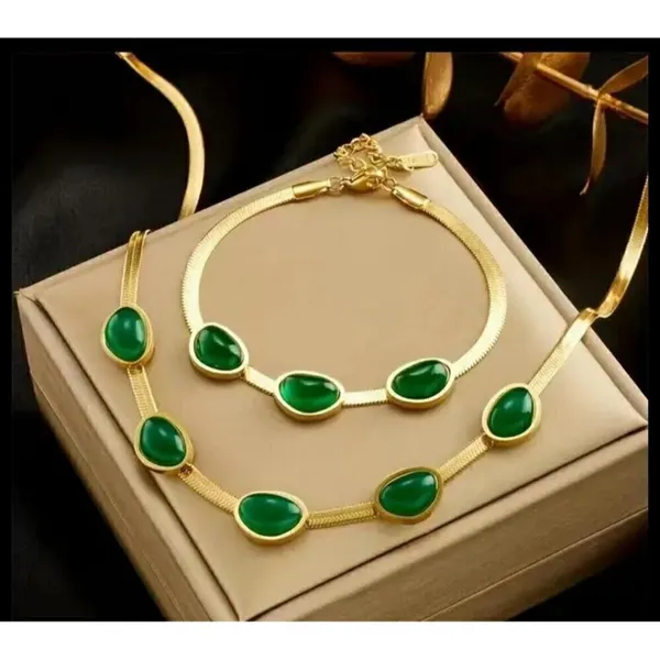 18K Gold Plated Emerald green snake Necklace SET Stainless Steel womens jewelry - Image 12