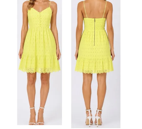 Alice + Olivia Fae Eyelet Embroidered Floral Mini Dress Yellow V-Neck Size 4 NEW - Image 2