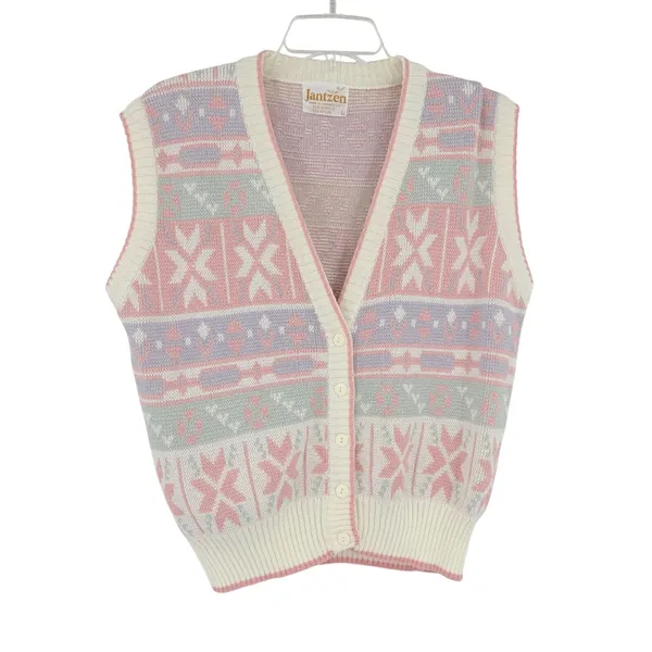 Vtg Jantzen 80s Sweater Womens Vest Sz L Fair Isle Pastel Cottagecore Grandma - Image 2