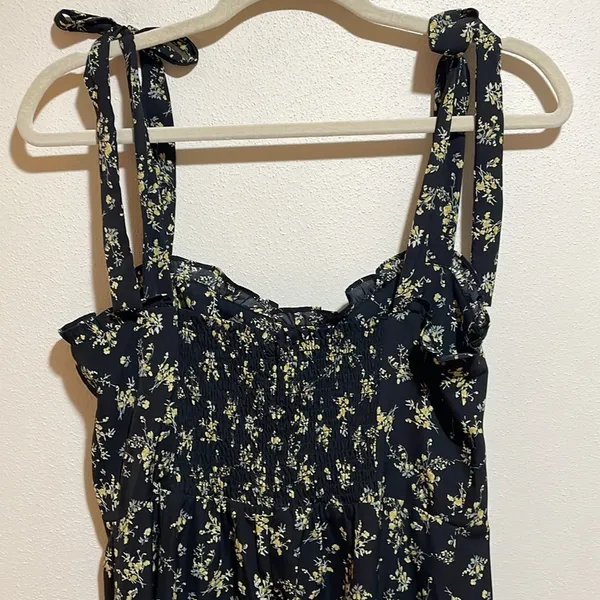 o.p.t. Toile De Jouy Midi Dress Ruffle Tie Straps Black Floral Size Large - Image 10
