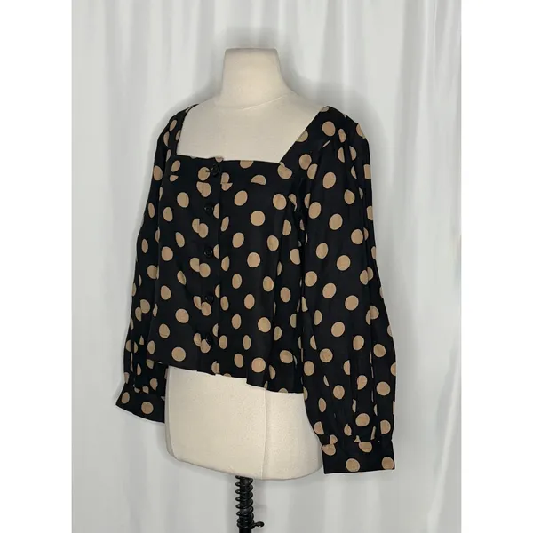NWT!! J. CREW Linen Polka Dot Square Neck Blouse Black Tan Top Preppy Medium - Image 4