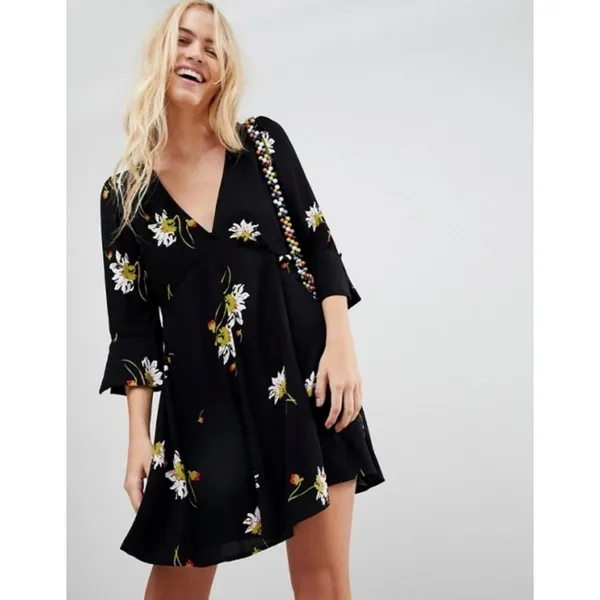 Free People Time on my side Mini Dress Black Floral‎ V-Neck Bell Sleeve Size M - Image 5