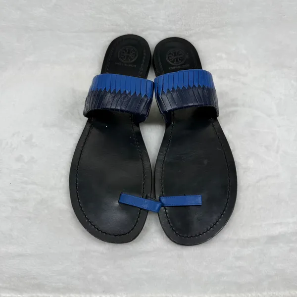 Tory Burch Blue Woven Leather‎ Toe Ring Slide Flat Sandals Womens 8.5 Estimated - Image 2