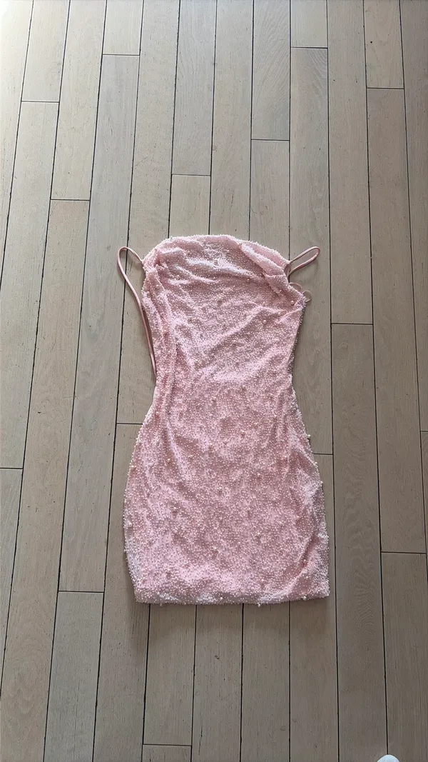Oh Polly Pearl Mini Dress Pink Beaded - Image 2