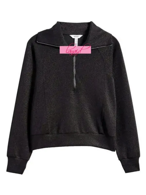 Spanx AirEssentials Half Zip Shimmer Very Black Gunmetal Shine Henley Sweater M - Image 5