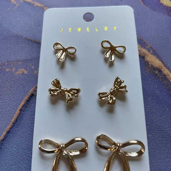 Gold Tone Bow‎ Stud Earrings Set Women Jewelry Set - Image 4