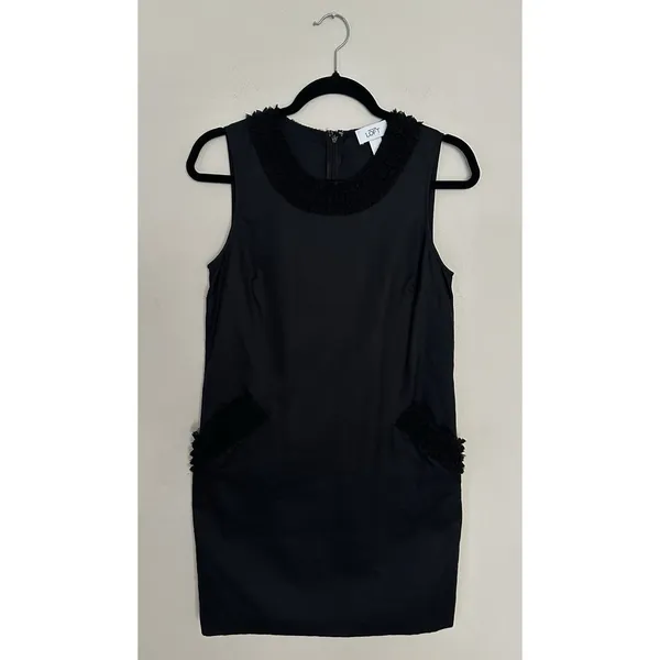 Ann Taylor Loft Size 4 Black Shift Dress Pocket Ruffle Trim Career Cocktail EUC - Image 4