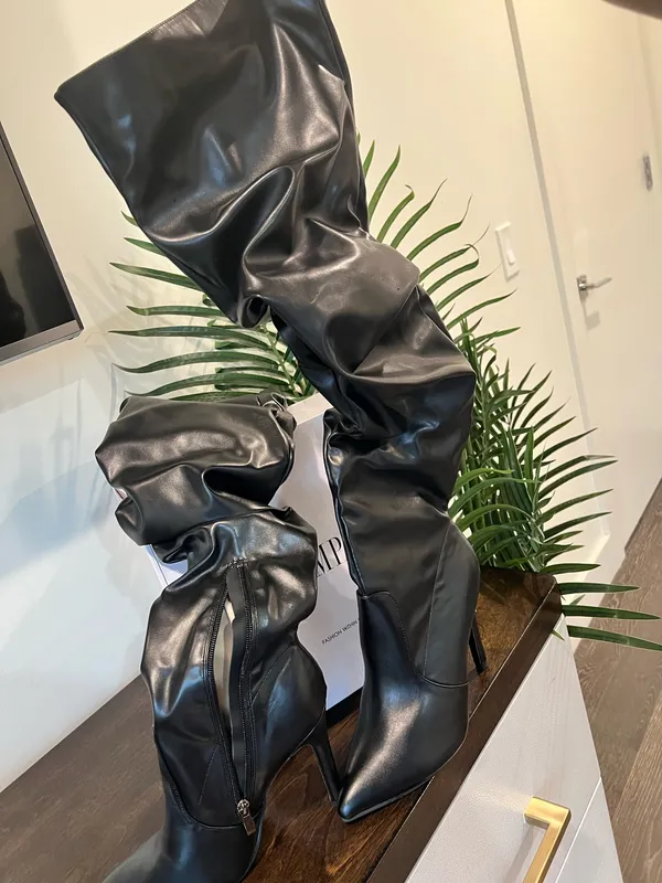 Women’s Black Over-the-Knee Slouchy Leather Boots - Image 3