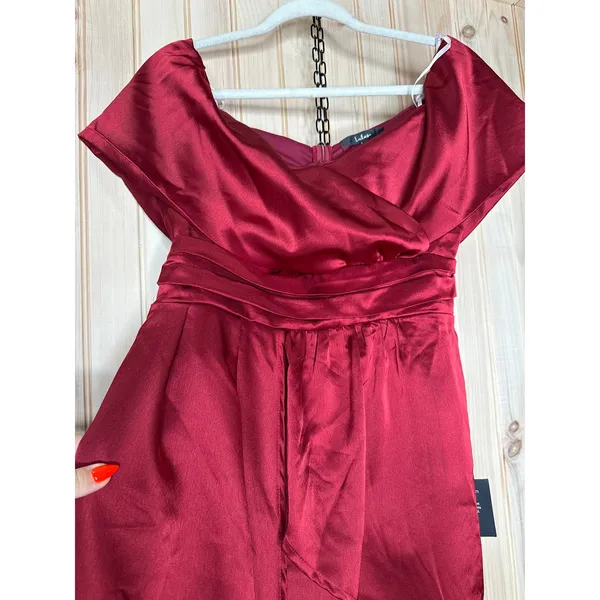 NWT Lulus Always Celebrating Burgundy Satin Off-the-Shoulder Mini Dress Party M - Image 4