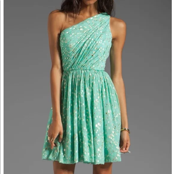 SHOSHANNA | Silk Blend Teal/Metallic Gold Rayna One-Shoulder Cocktail Dress Sz 4 - Image 2