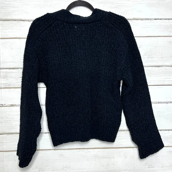 POL Chunky Knit Cardigan Sweater Small Black Flower Button Front Boho Textured - Image 3