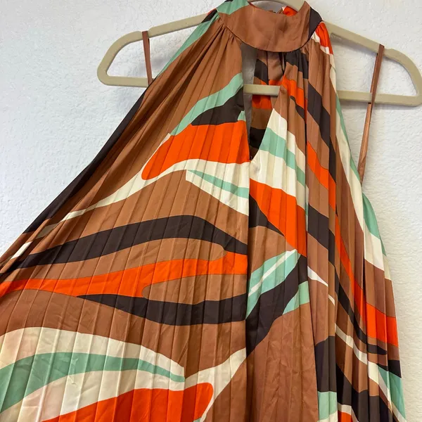 Hutch Anthropologie Halter Pleated Swing Mini Dress Geo Print Brown Size Large - Image 3