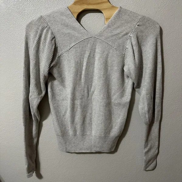 Free People‎ Light Grey Ribbed V- Neck Sweater Cashmere Blend Size Large - Image 3