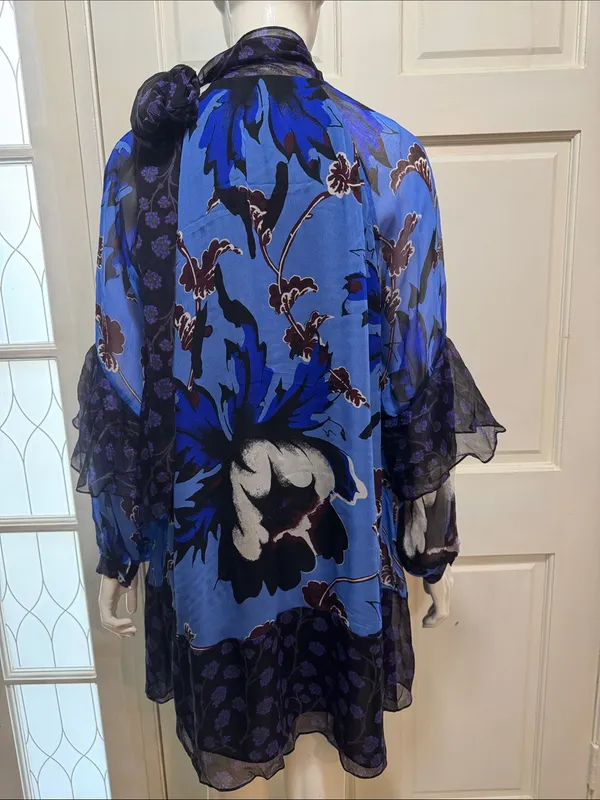 Diane von Furstenberg Designer 100% Silk Floral Blue Long Sleeve Blouse Size S - Image 10