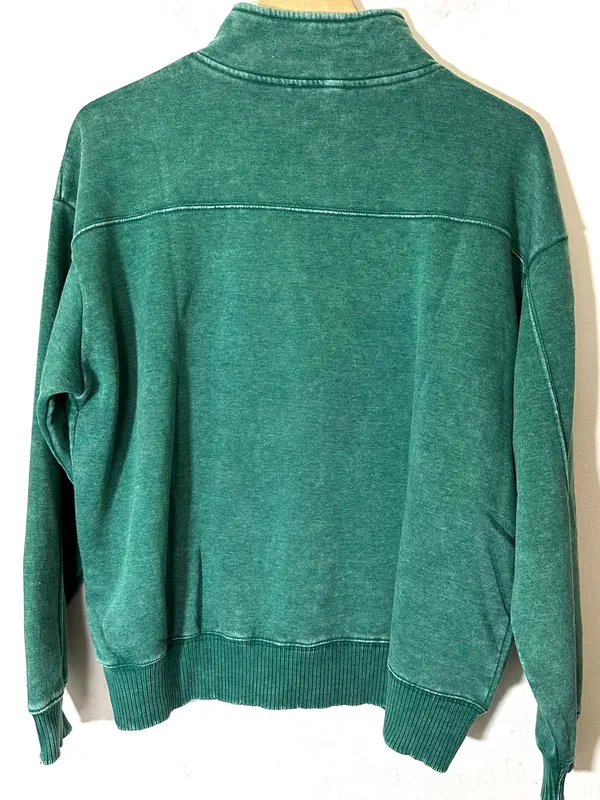 Zenana Vintage-Inspired Acid Wash Fleece Half Zip Sweatshirt Hunter Green Sz Med - Image 4