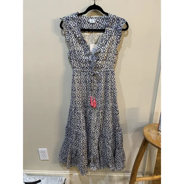 Mer St Barth Giselle Women's Maxi‎ Dress Navy Ikat Sundress Size Small Tassels - Image 3