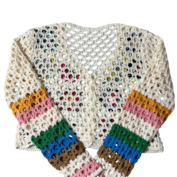 Shein Crochet Cardigan Womens Multicolor S SunnyBelle Button Long‎ Sleeve V Neck - Image 5