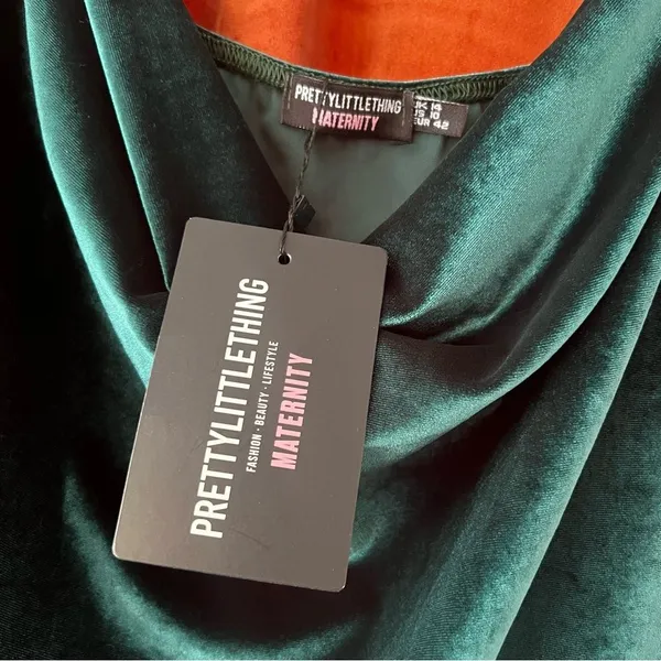 NWT PrettyLittleThing MATERNITY GREEN COWL NECK VELVET MINI DRESS Size 10 - Image 6