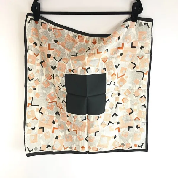 Womens Vintage Scarf Hair Accessory Geometric Squares Black Orange Square 22x23 - Image 3