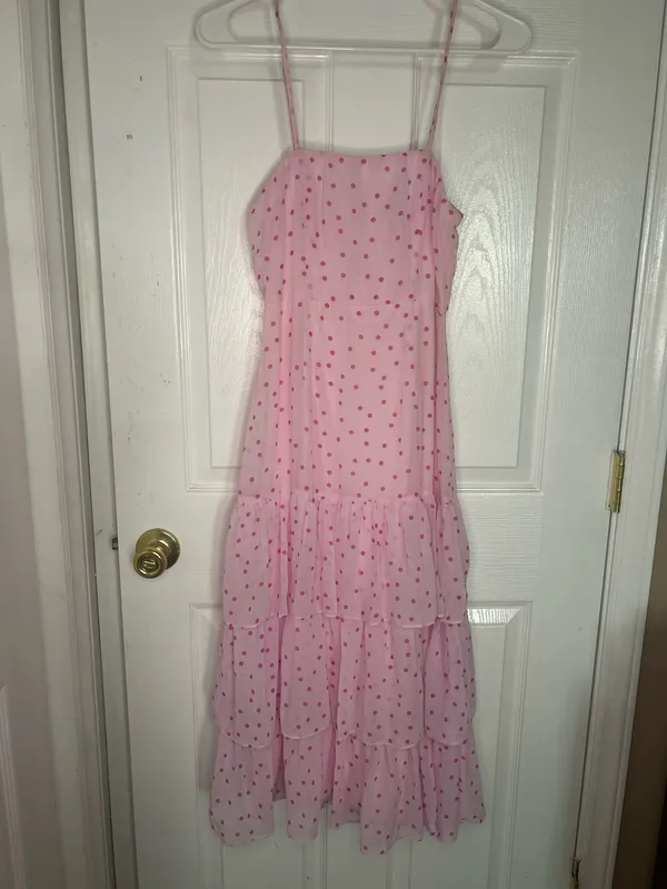 Pink Polka Dot ruffle Midi Dress Lulus - Image 2