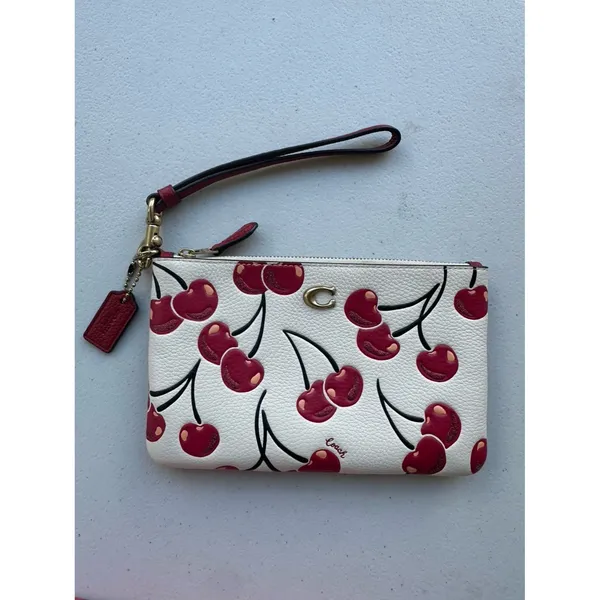 NWOT Coach Chalk Multi Cherries Pebble Leather Essential Small Wristlet - Image 3